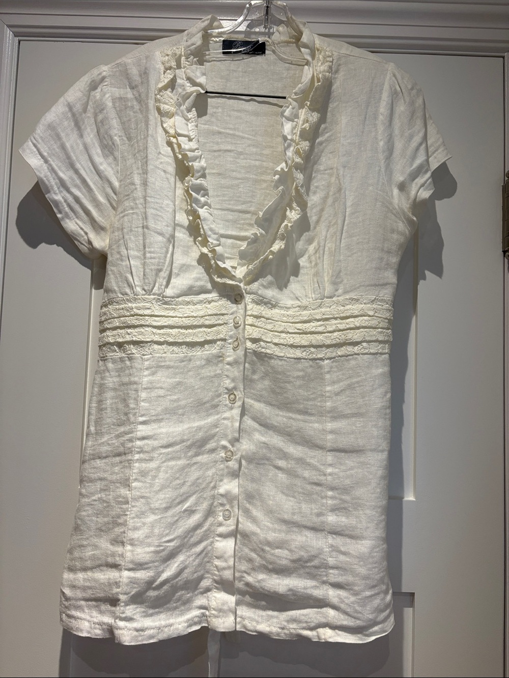 Women's 100% Italian Linen Ivory Ruffle-Trim Shirt 🇮🇹